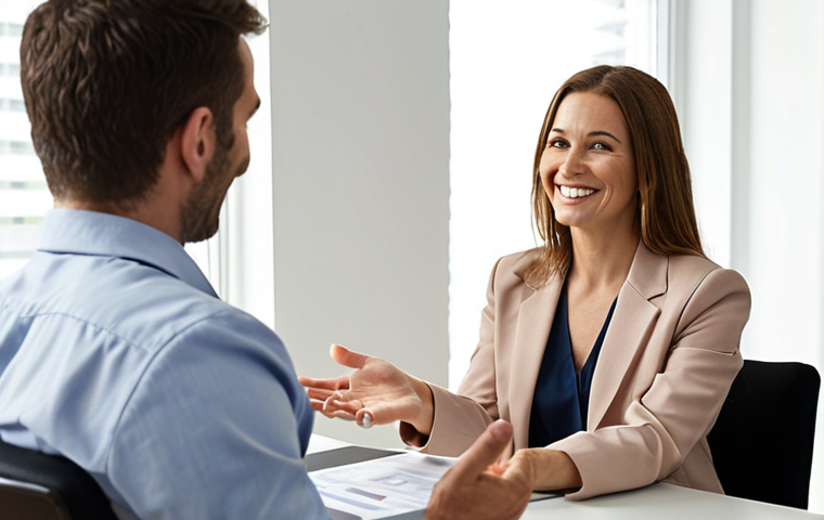 Confident Mental Health Professional Negotiating**
Prompt: *Close-up of a smiling therapist confidently gesturing during a salary negotiation. She's sitting across a polished table from a well-dressed HR representative in a modern office. Focus on her assured body language and direct eye contact. Subtle background details hint at a successful career: framed certifications, degrees, awards. The lighting is warm and professional. The overall tone is empowering and optimistic. Emphasize the subject's confident, yet approachable demeanor.*
**