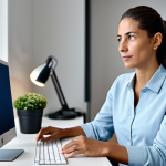 A professional mental health therapist, fully clothed in a modest, appropriate business casual ensemble, seated calmly at a modern desk in a well-lit, quiet home office. They are looking thoughtfully at a computer screen, representing teleconsultation, with an expression of empathetic concentration and professional resilience. The background shows blurred, tasteful office elements. Safe for work, appropriate content, fully clothed, professional, perfect anatomy, correct proportions, natural pose, well-formed hands, proper finger count, natural body proportions, professional photography, high quality.