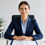 A compassionate female mental health professional, aged 30s, in a modest yet stylish business suit, seated comfortably at a modern, clean desk in a brightly lit office. She is looking directly at the viewer with a warm, professional expression, conveying empathy and understanding. A sleek, unlit monitor sits subtly in the background, hinting at digital integration without being a focal point. The emphasis is on her calm presence and approachable demeanor. fully clothed, appropriate attire, safe for work, perfect anatomy, correct proportions, natural pose, well-formed hands, proper finger count, natural body proportions, professional photography, high quality, studio lighting.