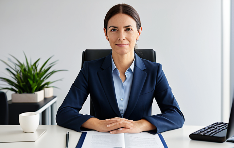 A compassionate female mental health professional, aged 30s, in a modest yet stylish business suit, seated comfortably at a modern, clean desk in a brightly lit office. She is looking directly at the viewer with a warm, professional expression, conveying empathy and understanding. A sleek, unlit monitor sits subtly in the background, hinting at digital integration without being a focal point. The emphasis is on her calm presence and approachable demeanor. fully clothed, appropriate attire, safe for work, perfect anatomy, correct proportions, natural pose, well-formed hands, proper finger count, natural body proportions, professional photography, high quality, studio lighting.