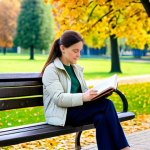A thoughtful woman, fully clothed in a modest and comfortable sweater, trousers, and a light jacket, sits peacefully on a wooden bench in a serene, beautifully landscaped European public park. Her hands are gently resting, perhaps holding a closed journal, as she looks out towards the calm green landscape. The park features mature trees and soft natural sunlight filtering through the leaves, suggesting a gentle autumn or spring day. Professional photography, realistic, cinematic lighting, high detail, vibrant colors. safe for work, appropriate content, family-friendly, perfect anatomy, correct proportions, natural pose, well-formed hands, proper finger count, natural body proportions.
