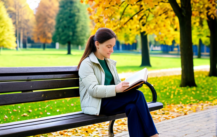 A thoughtful woman, fully clothed in a modest and comfortable sweater, trousers, and a light jacket, sits peacefully on a wooden bench in a serene, beautifully landscaped European public park. Her hands are gently resting, perhaps holding a closed journal, as she looks out towards the calm green landscape. The park features mature trees and soft natural sunlight filtering through the leaves, suggesting a gentle autumn or spring day. Professional photography, realistic, cinematic lighting, high detail, vibrant colors. safe for work, appropriate content, family-friendly, perfect anatomy, correct proportions, natural pose, well-formed hands, proper finger count, natural body proportions.