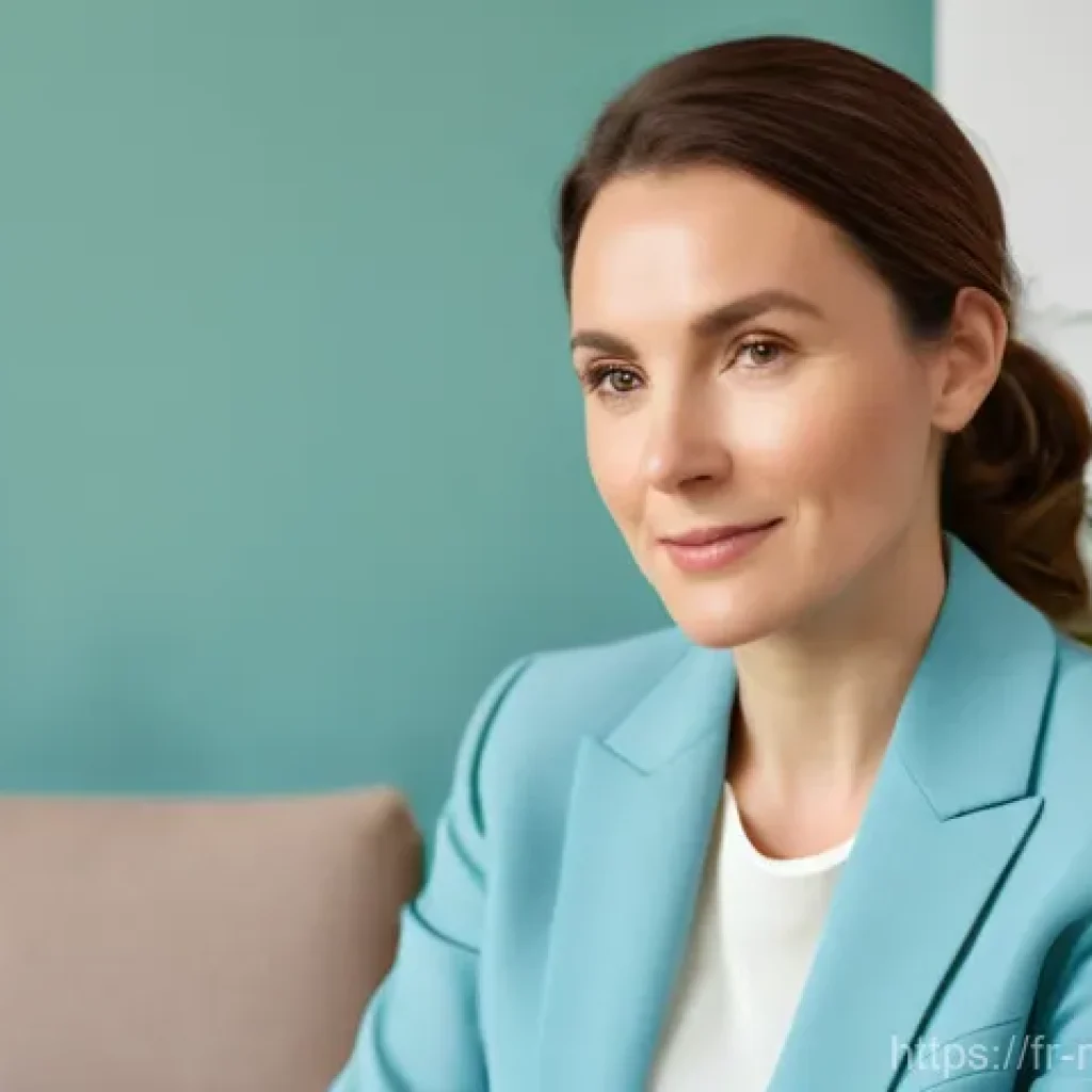 정신건강 전문가 자격 취득 과정 - A compassionate female psychologist, aged 35, with warm brown hair pulled back neatly, wearing a pro...