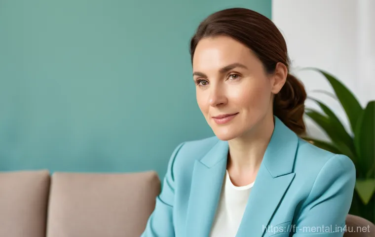 정신건강 전문가 자격 취득 과정 - A compassionate female psychologist, aged 35, with warm brown hair pulled back neatly, wearing a pro...