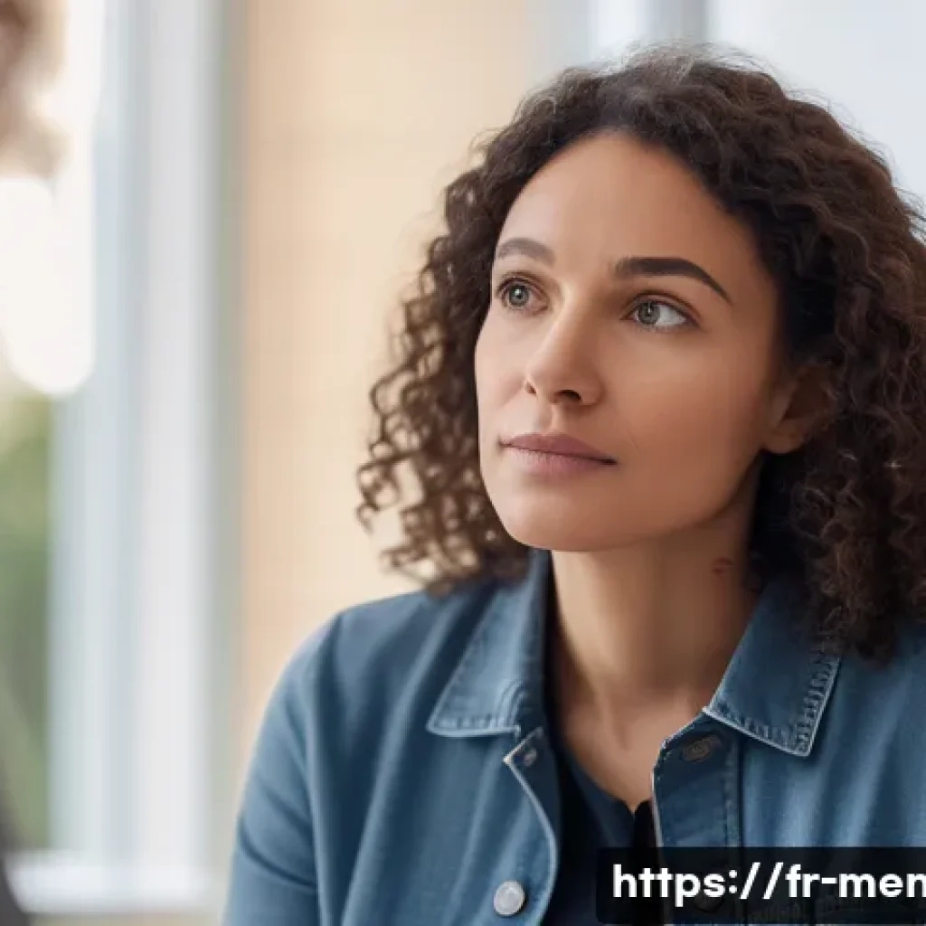 정신건강 전문가 직무 훈련 - A compassionate mental health professional in a modern French clinical setting, attentively listenin...