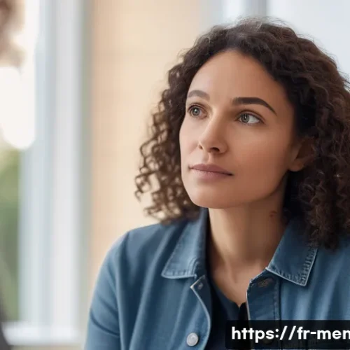 정신건강 전문가 직무 훈련 - A compassionate mental health professional in a modern French clinical setting, attentively listenin...