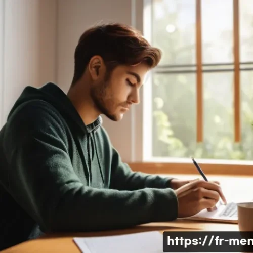 정신건강 자격증 시험 전략 - A cozy study room bathed in soft morning light, featuring a young adult focused at a wooden desk wit...