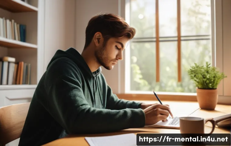 정신건강 자격증 시험 전략 - A cozy study room bathed in soft morning light, featuring a young adult focused at a wooden desk wit...