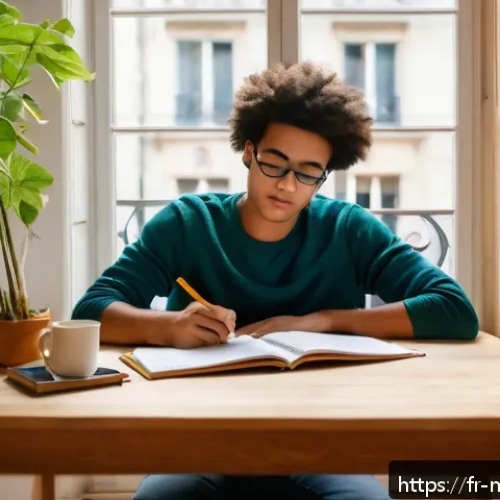 정신건강 상담사 자격증 시험 준비 - A focused French student sitting at a wooden desk in a cozy, sunlit Parisian apartment, surrounded b...