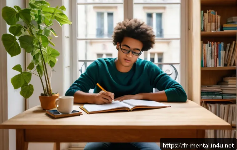 정신건강 상담사 자격증 시험 준비 - A focused French student sitting at a wooden desk in a cozy, sunlit Parisian apartment, surrounded b...