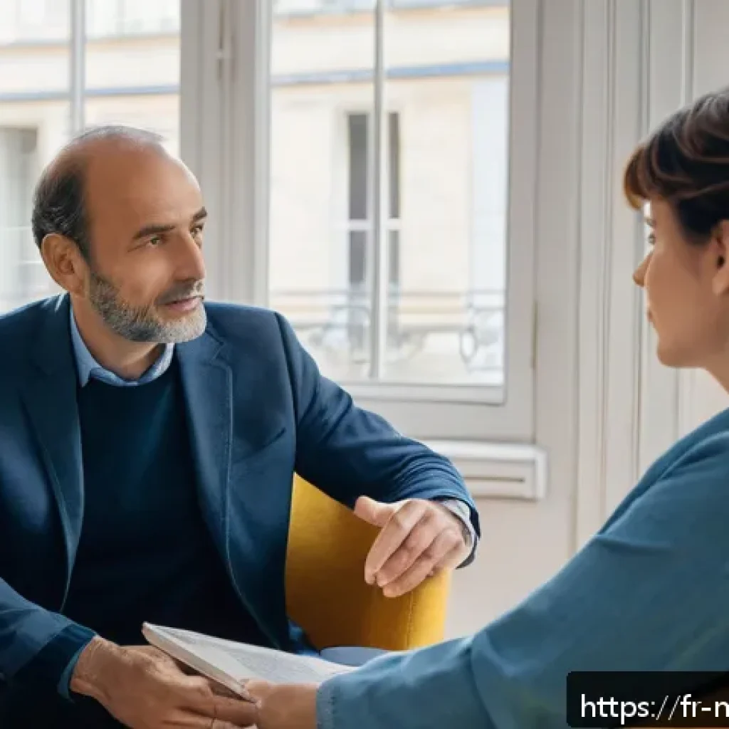 정신건강 상담사의 직무 평가 - A serene mental health counseling session in a modern Parisian office: a compassionate middle-aged F...