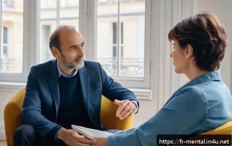 정신건강 상담사의 직무 평가 - A serene mental health counseling session in a modern Parisian office: a compassionate middle-aged F...