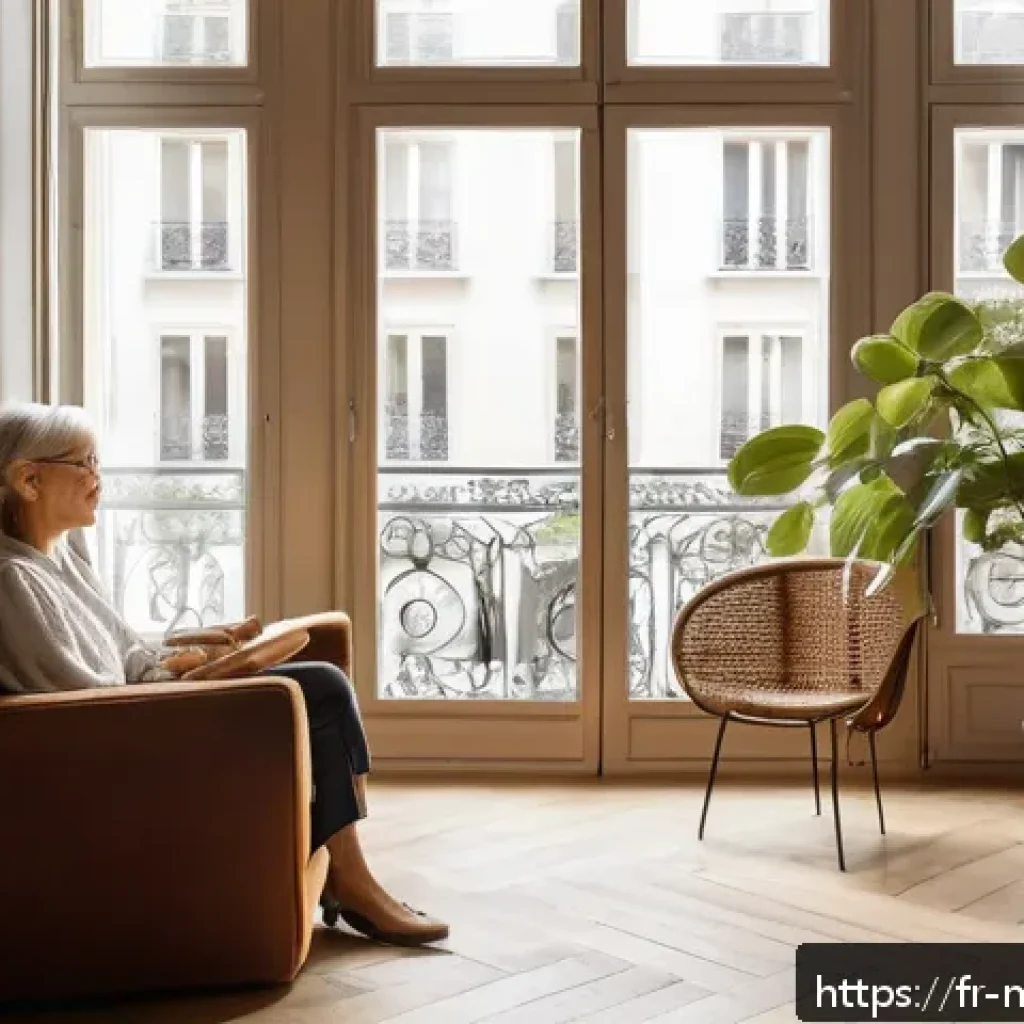 정신건강 상담 사례 분석 - A serene therapy room in a modern Parisian apartment, featuring a calm middle-aged French psychologi...