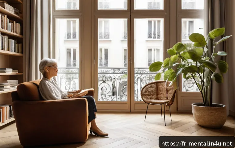 정신건강 상담 사례 분석 - A serene therapy room in a modern Parisian apartment, featuring a calm middle-aged French psychologi...