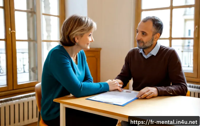 정신건강 분야 자격증 종류 - Photorealistic French mental health career guidance scene, a compassionate middle-aged counselor and...